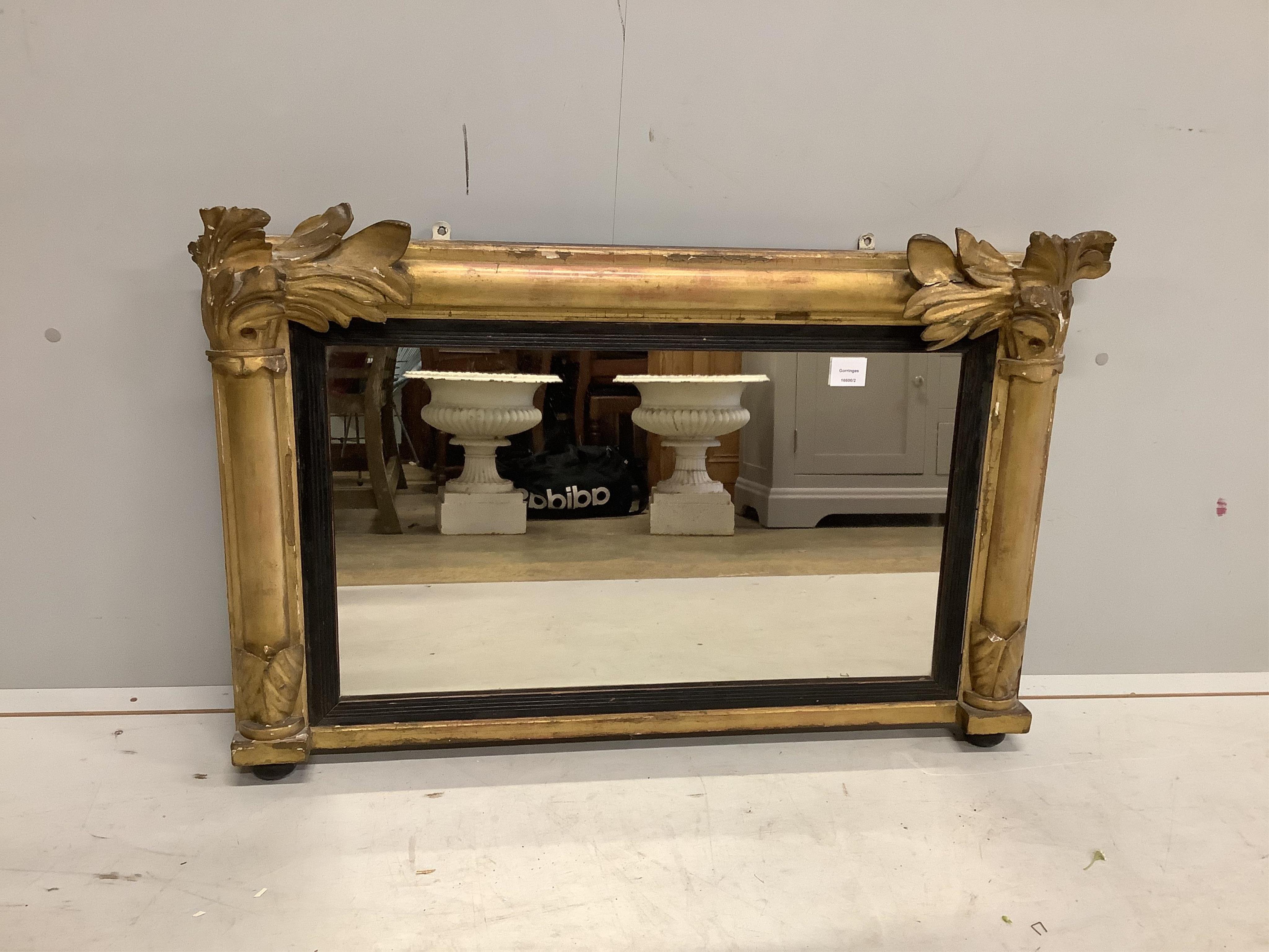 A William IV carved giltwood and composition overmantel mirror, width 92cm, height 61cm. Condition - fair